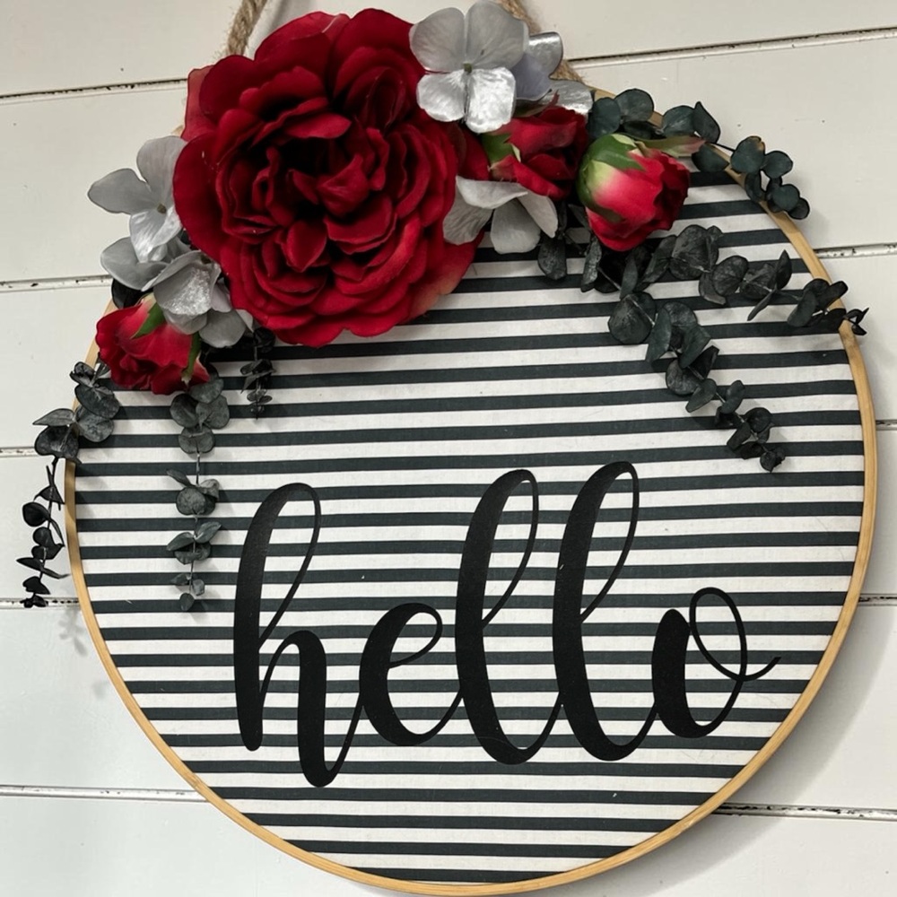 Handmade Hello Floral Hoop Sign | Farmhouse Wall Decor 14”